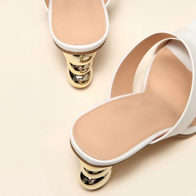 Metallic Geometric High Heel Square Toe Faux Leather Mule Sandals - White - Image 4