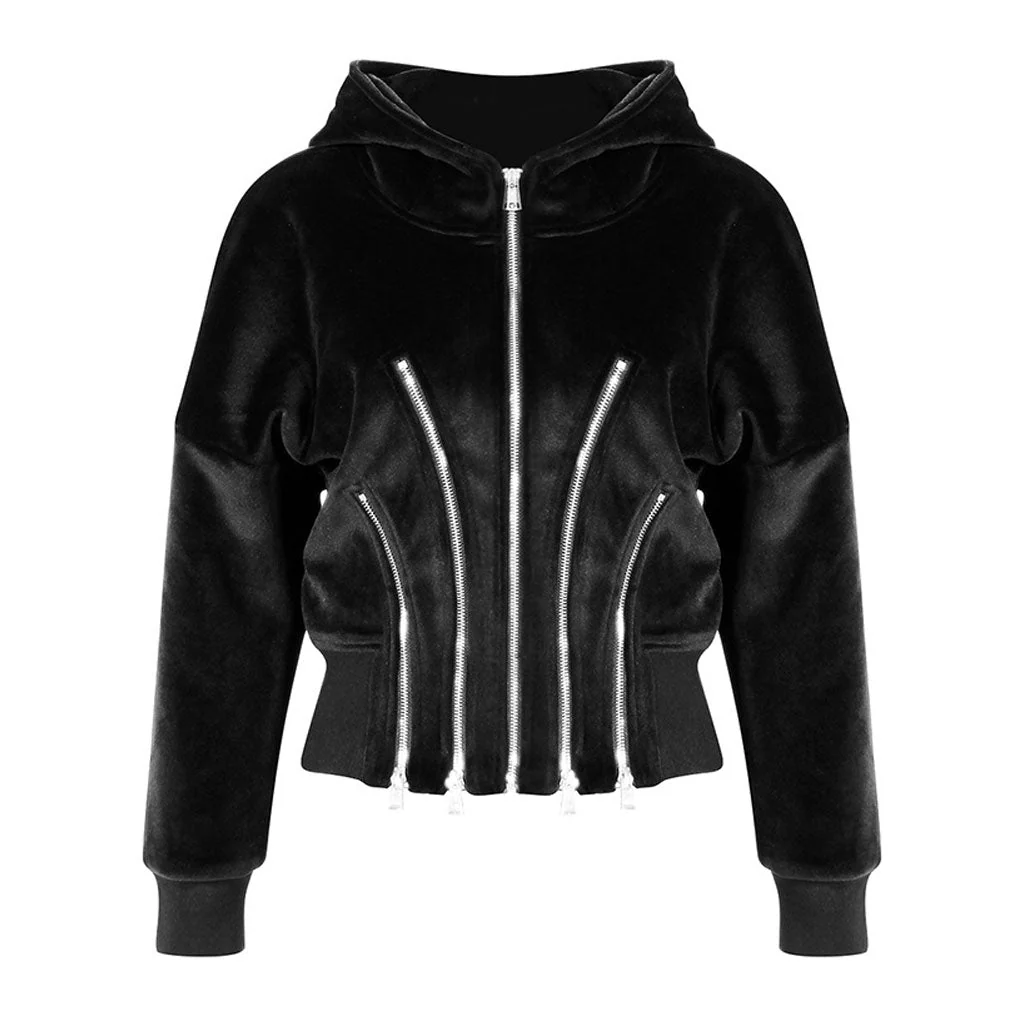Metallic Multiple Zip Detail Long Sleeve Banded Crop Velvet Hoodie