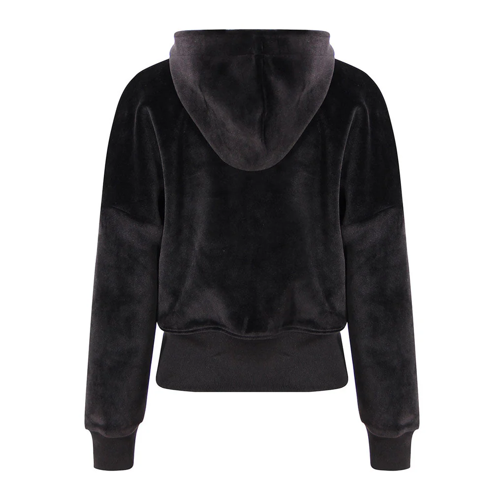 Metallic Multiple Zip Detail Long Sleeve Banded Crop Velvet Hoodie - Image 2