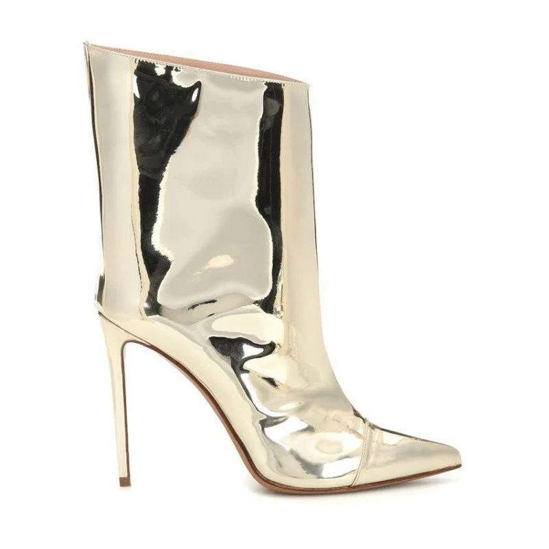 Metallic Patent Leather Pointed Toe Stiletto Ankle Boots - Gold - Image 3