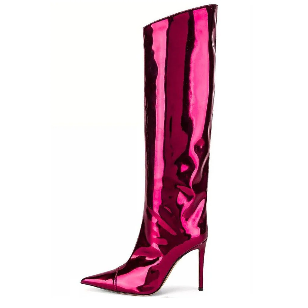 Metallic Pointed Toe Patent Leather Knee High Stiletto Boots - Fuchsia - Image 2