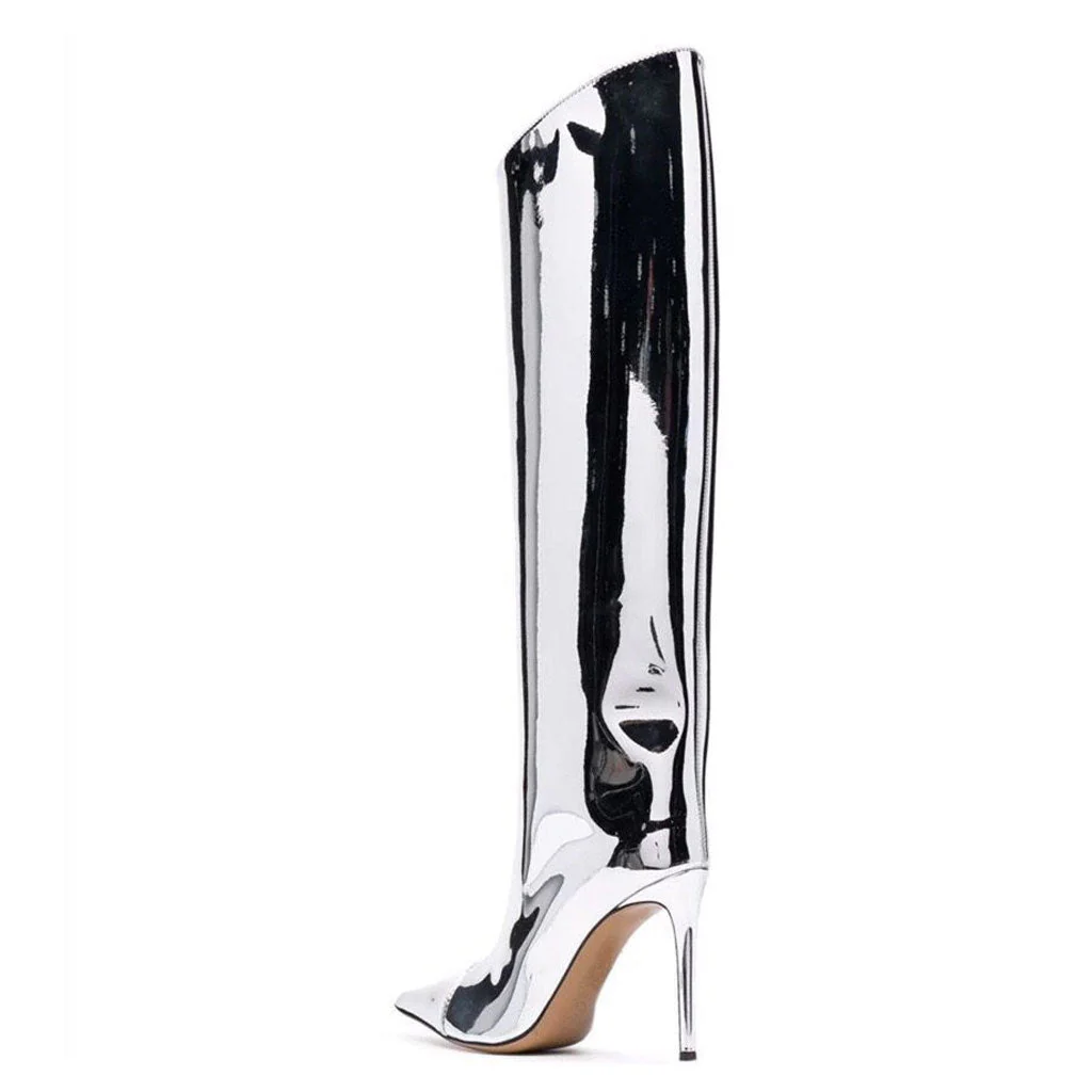 Metallic Pointed Toe Patent Leather Knee High Stiletto Boots - Silver - Image 3
