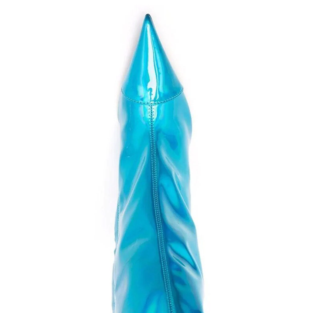 Metallic Pointed Toe Patent Leather Knee High Stiletto Boots - Sky Blue - Image 3