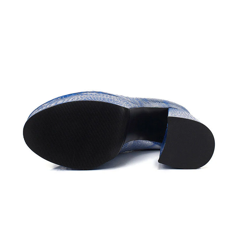 Metallic Round Toe Rock Textured Chunk Heel Platform Sandals - Blue - Image 4