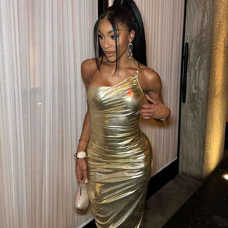 Metallic Ruched Spaghetti Strap One Shoulder Bodycon Party Maxi Dress - Gold - Image 3