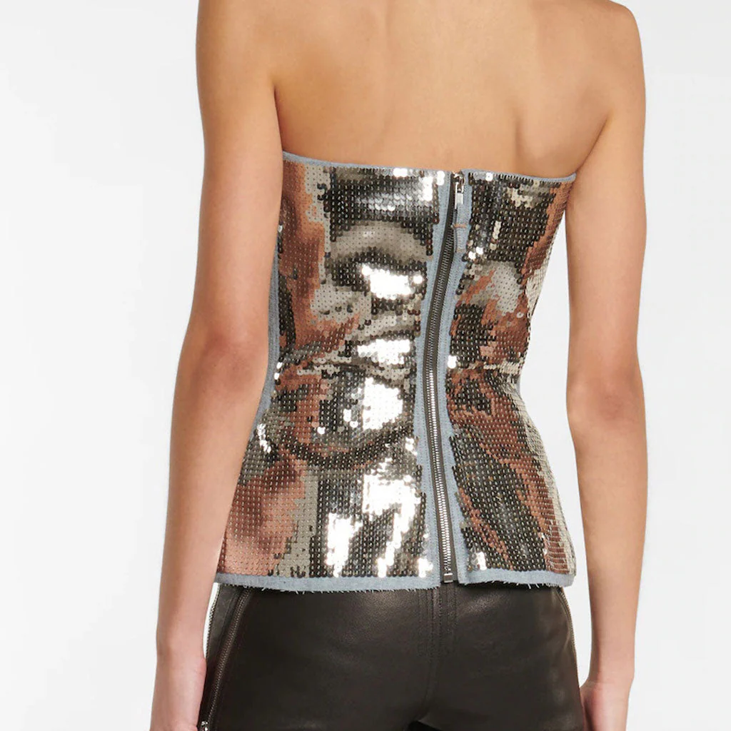 Metallic Sequin Embellished Sleeveless Denim Bustier Crop Top - Image 2