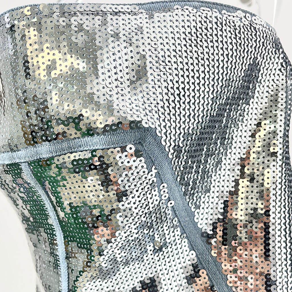 Metallic Sequin Embellished Sleeveless Denim Bustier Crop Top - Image 3