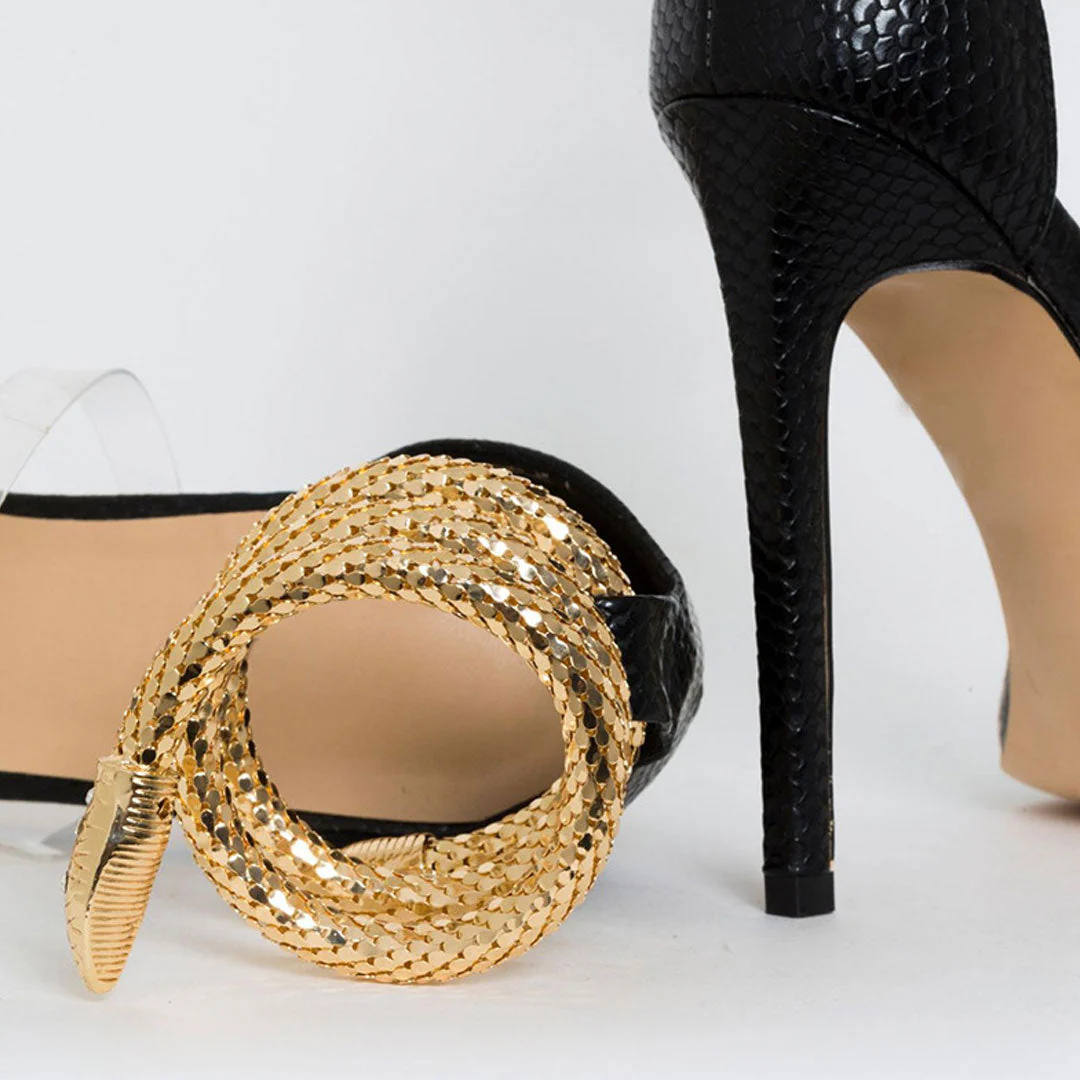 Metallic Snake Ankle Wrap Open Toe PVC Strap Stiletto Sandals - Black - Image 4