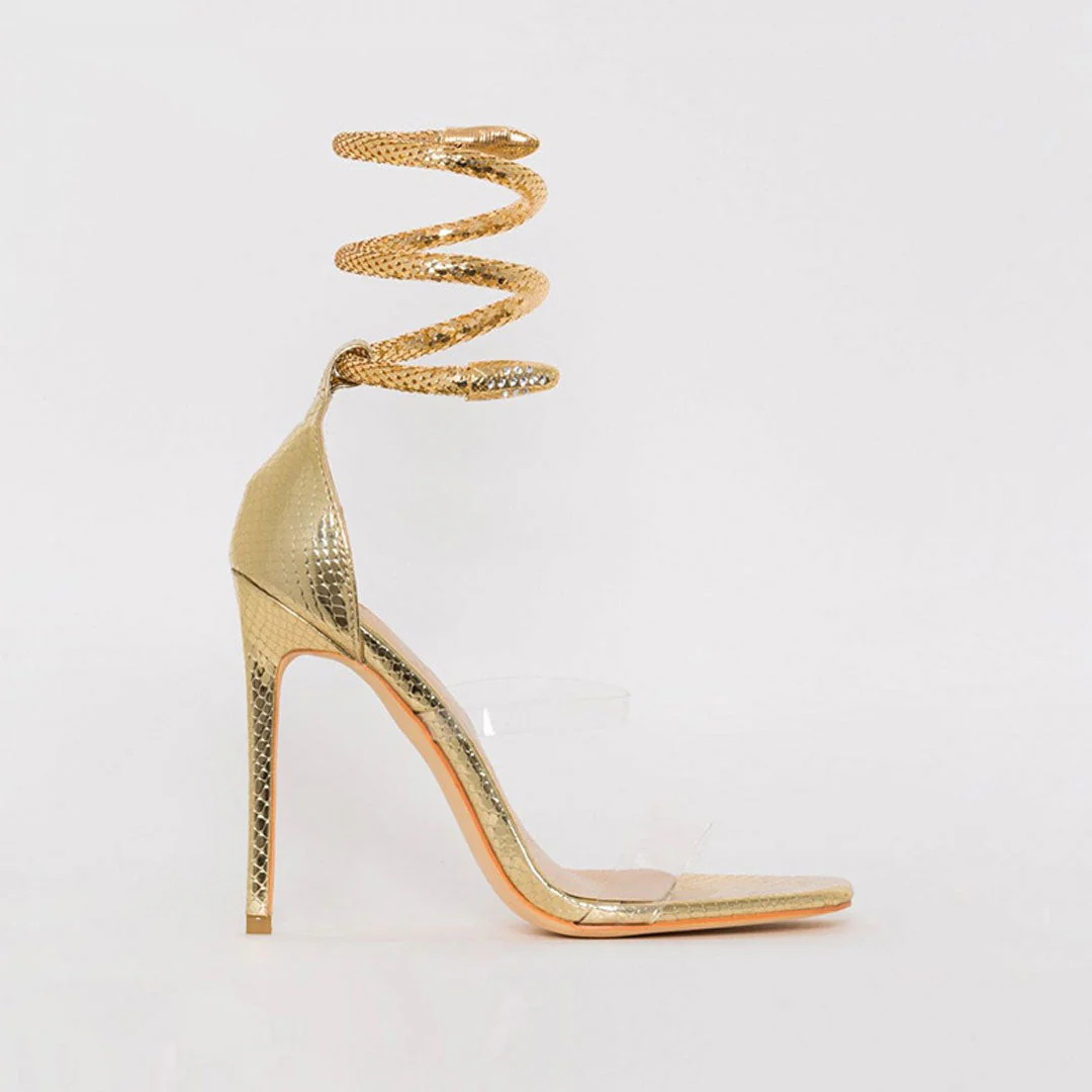 Metallic Snake Ankle Wrap Open Toe PVC Strap Stiletto Sandals - Gold - Image 2