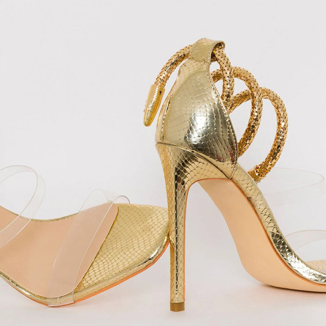 Metallic Snake Ankle Wrap Open Toe PVC Strap Stiletto Sandals - Gold - Image 3