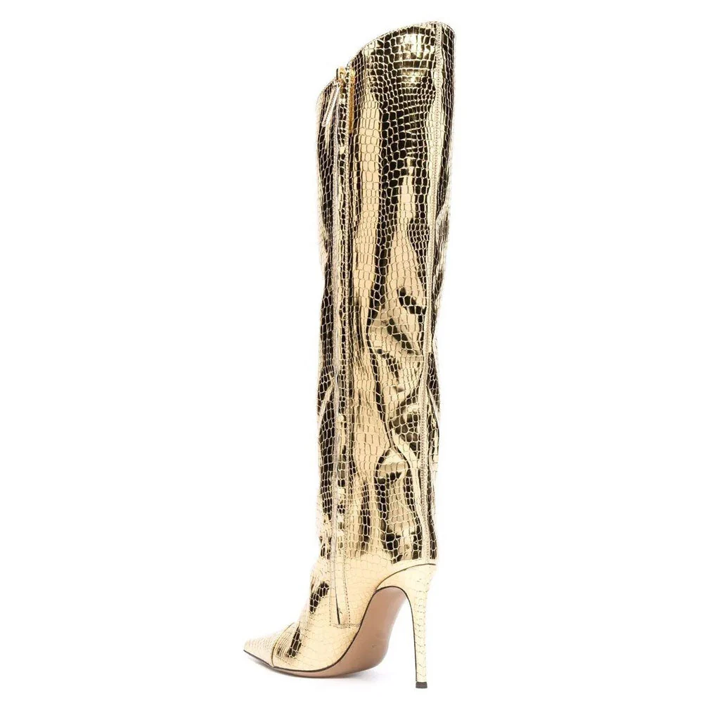 Metallic Snake Effect Pointed Toe Knee High Stiletto Boots - Gold - Image 3