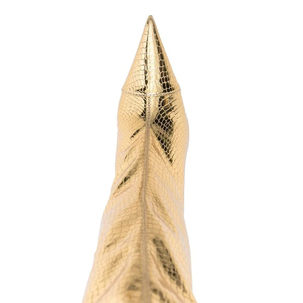 Metallic Snake Effect Pointed Toe Knee High Stiletto Boots - Gold - Image 4