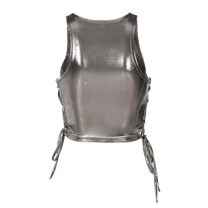 Metallic Solid Color Crew Neck Lace Up Sleeveless Crop Top - Silver - Image 4