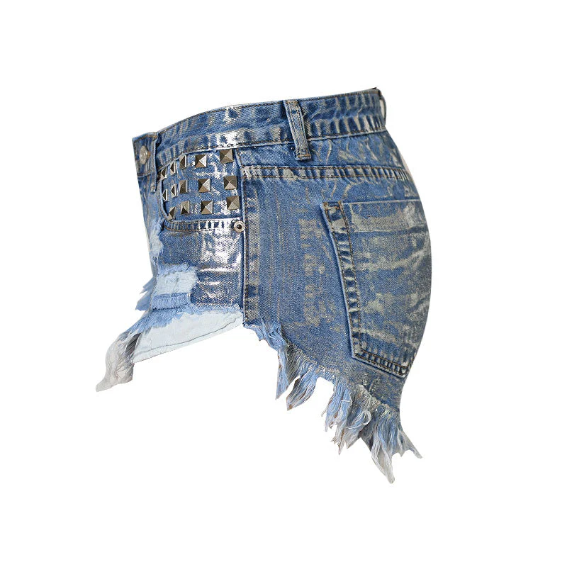 Metallic Stud Trim High Waist Distressed Denim Shorts - Blue - Image 3