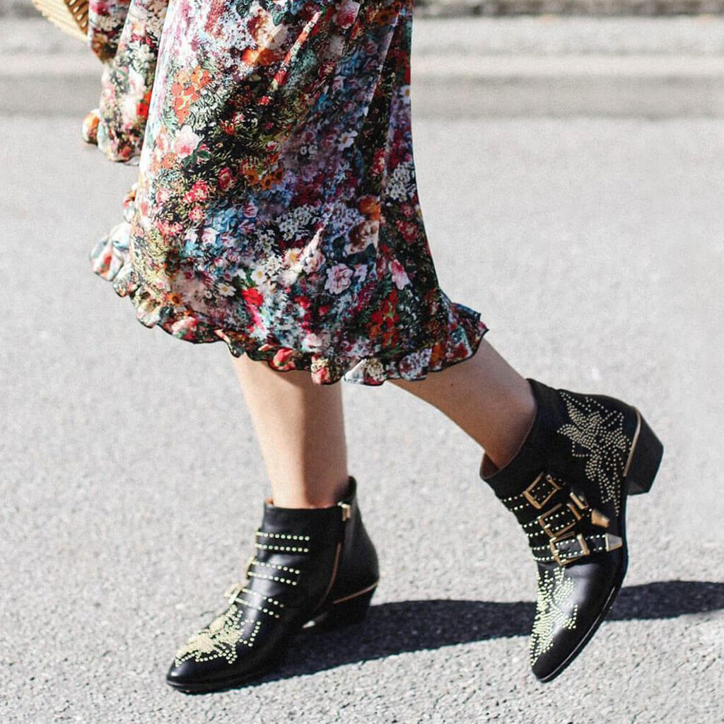 Metallic Studded Buckle Strappy Pointed Toe Ankle Boots - Black - Image 3