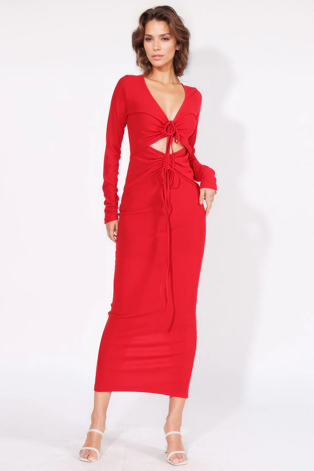Midi Dress with V Neckline and Front Cut - Red - Image 2