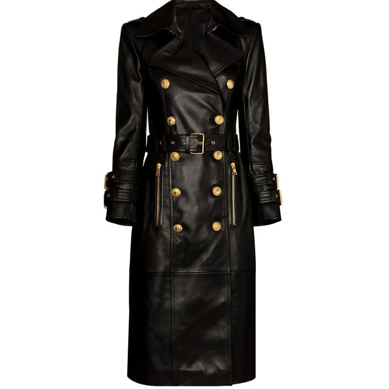 Military Metal Button Detail Peak Lapel Long Sleeve Belted Midi Vegan Leather Coat - Image 3