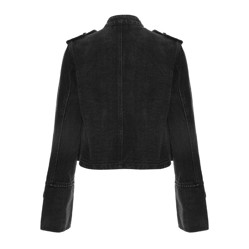 Military Metal Hardware Stand Collar Long Sleeve Open Front Crop Denim Jacket - Image 2