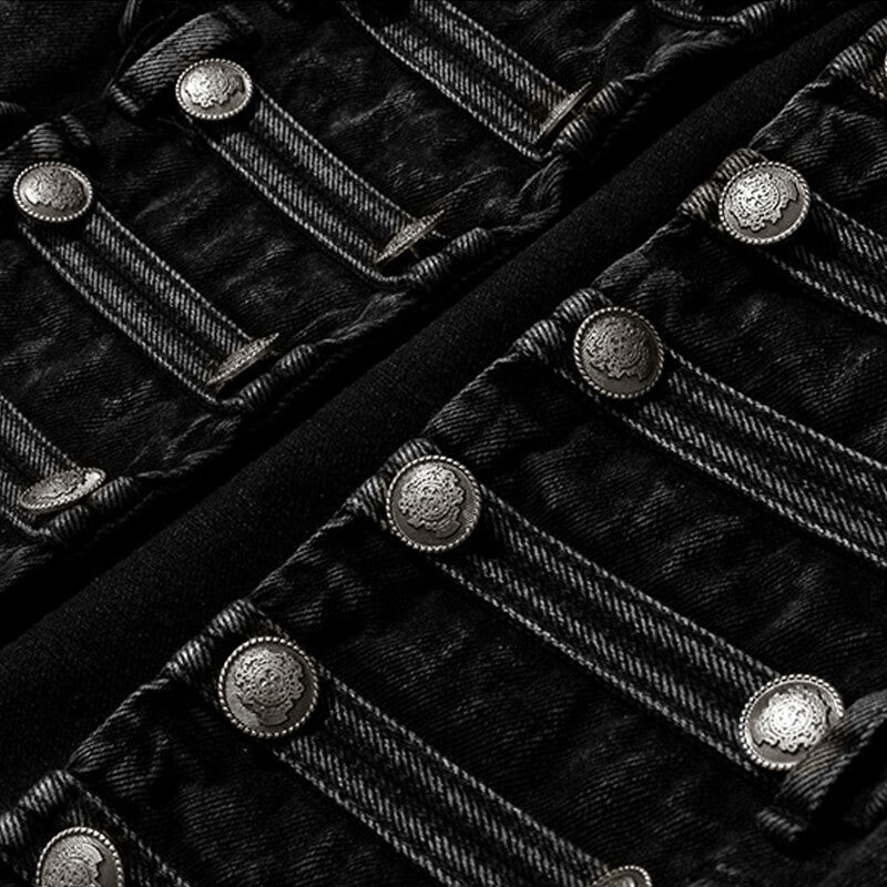 Military Metal Hardware Stand Collar Long Sleeve Open Front Crop Denim Jacket - Image 3