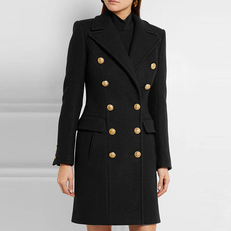 Military Notched Lapel Pocketed Double Breasted Long Sleeve Tailored Trench Coat - Image 2