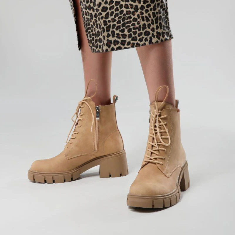 Military Round Toe Block Heel Lug Sole Lace Up Combat Boots - Apricot - Image 3