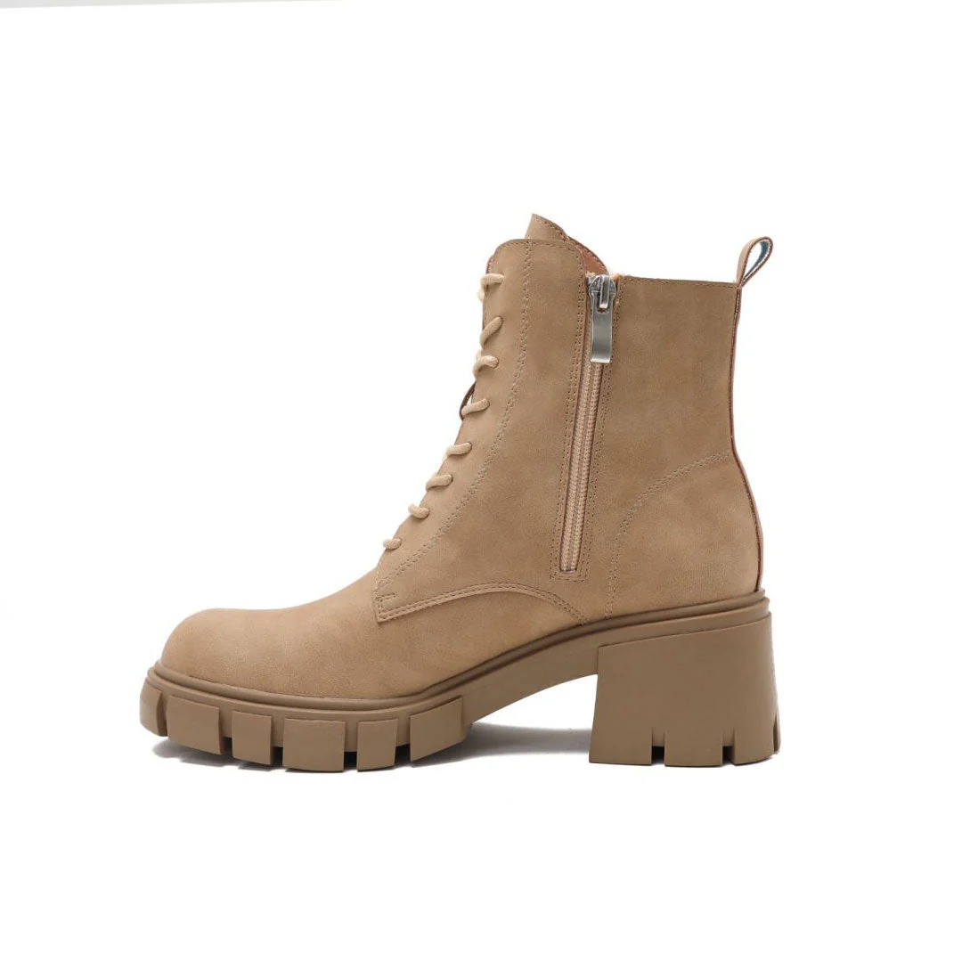Military Round Toe Block Heel Lug Sole Lace Up Combat Boots - Apricot - Image 4