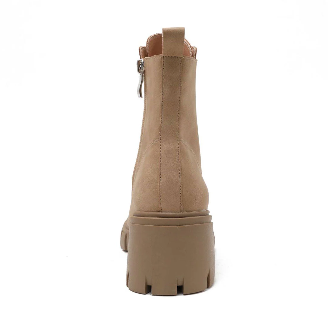 Military Round Toe Block Heel Lug Sole Lace Up Combat Boots - Apricot - Image 5