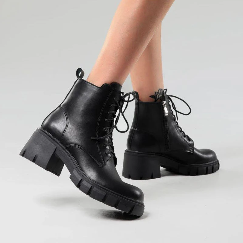 Military Round Toe Block Heel Lug Sole Lace Up Combat Boots - Black - Image 3