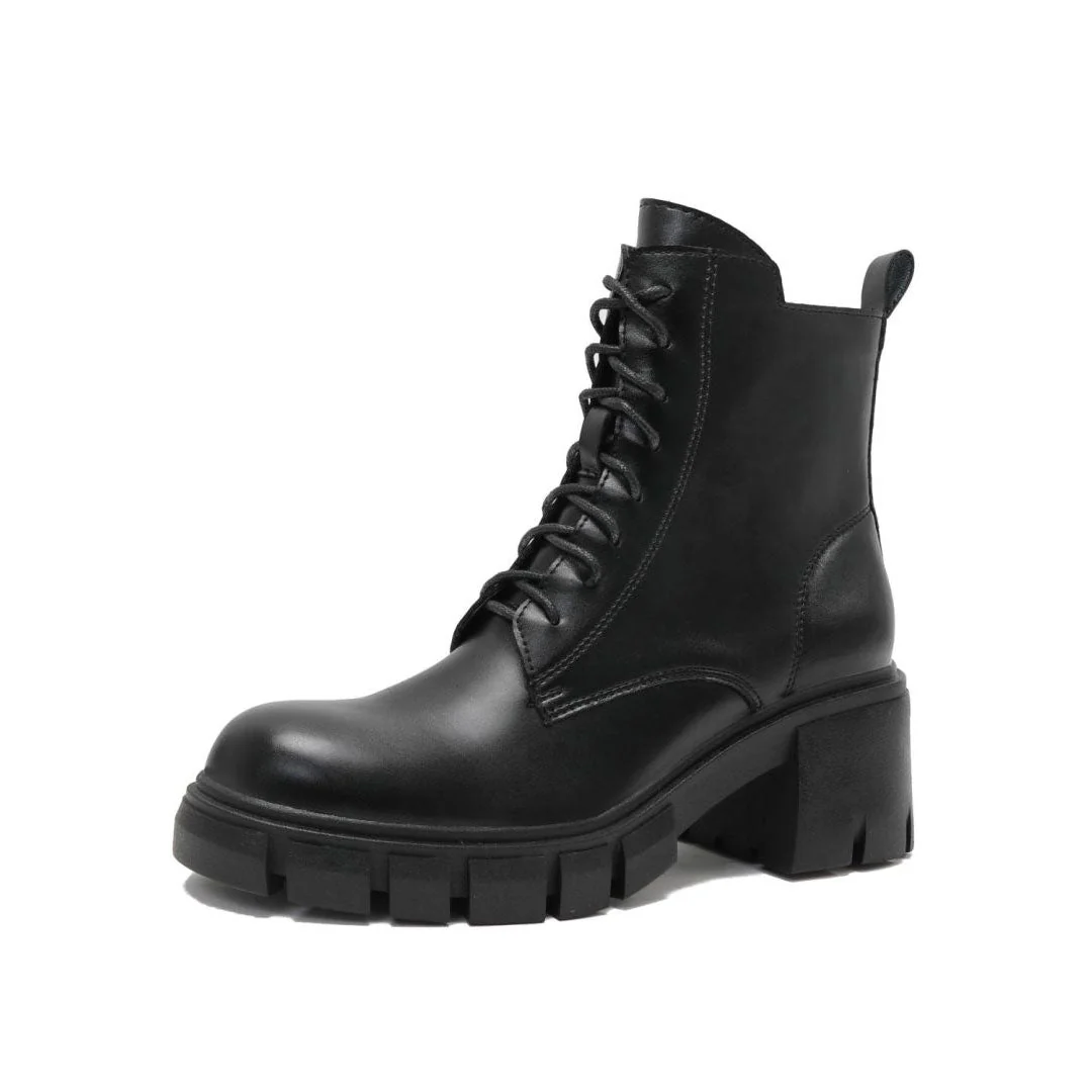 Military Round Toe Block Heel Lug Sole Lace Up Combat Boots - Black - Image 4