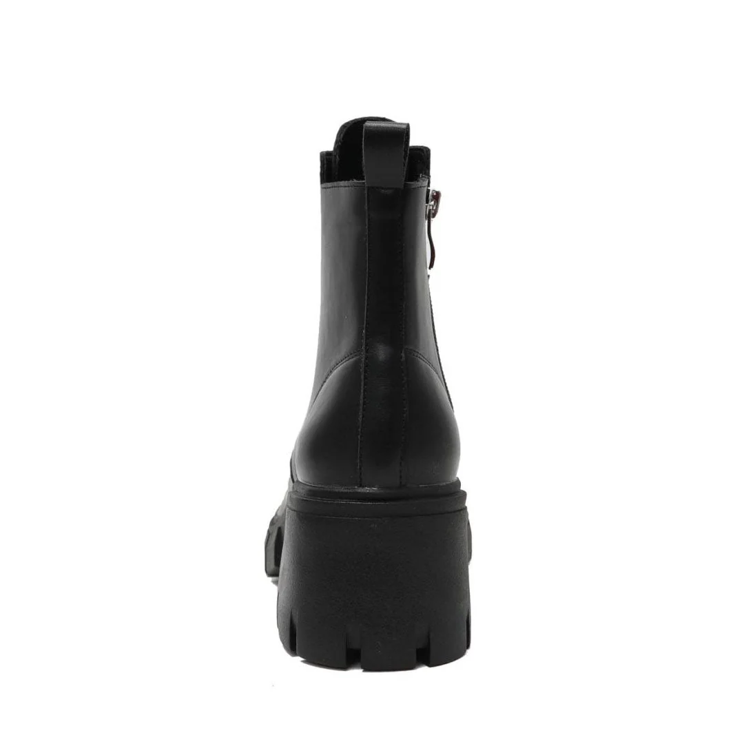 Military Round Toe Block Heel Lug Sole Lace Up Combat Boots - Black - Image 5