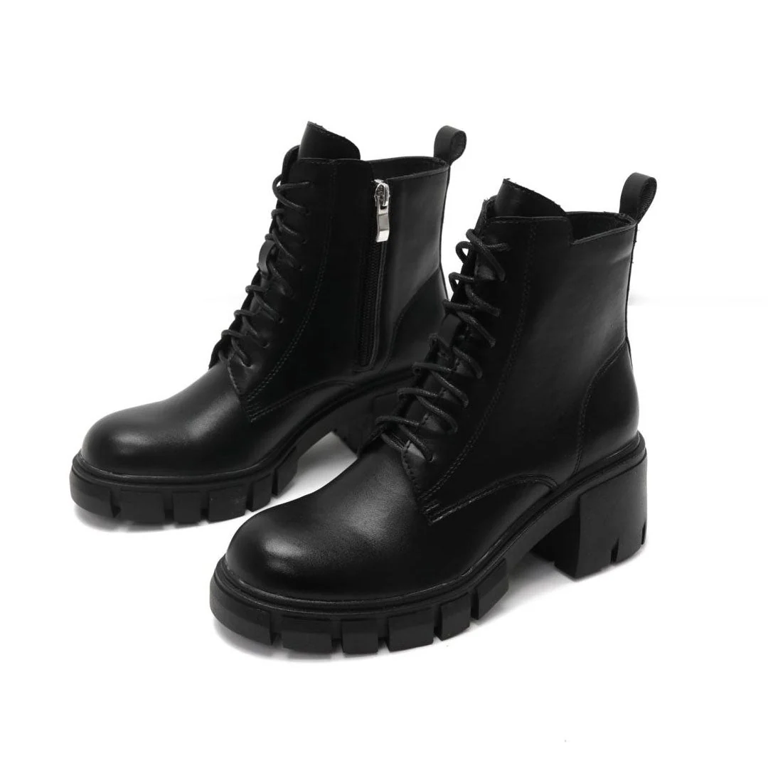 Military Round Toe Block Heel Lug Sole Lace Up Combat Boots - Black - Image 6