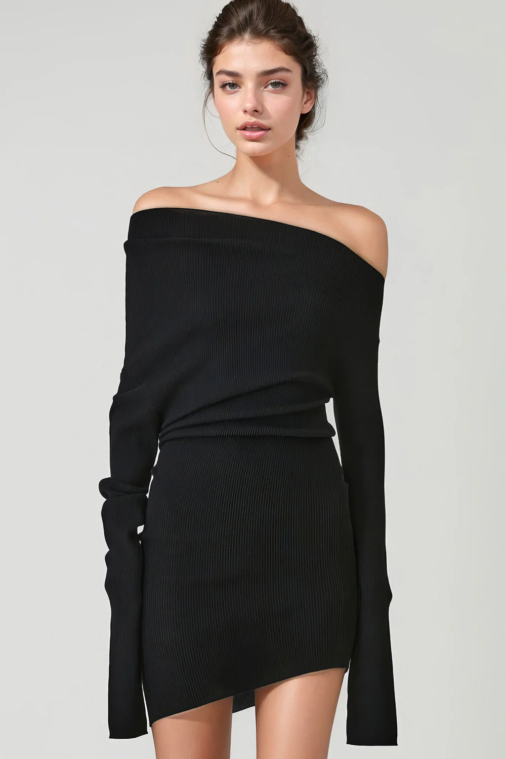 Mini Dress with Extra Long Sleeves - Black - Image 2