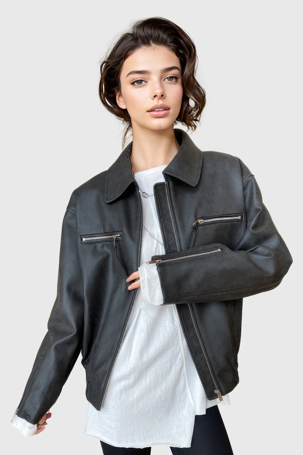 Minimal Leather Jacket with Zipper - Black - Image 2