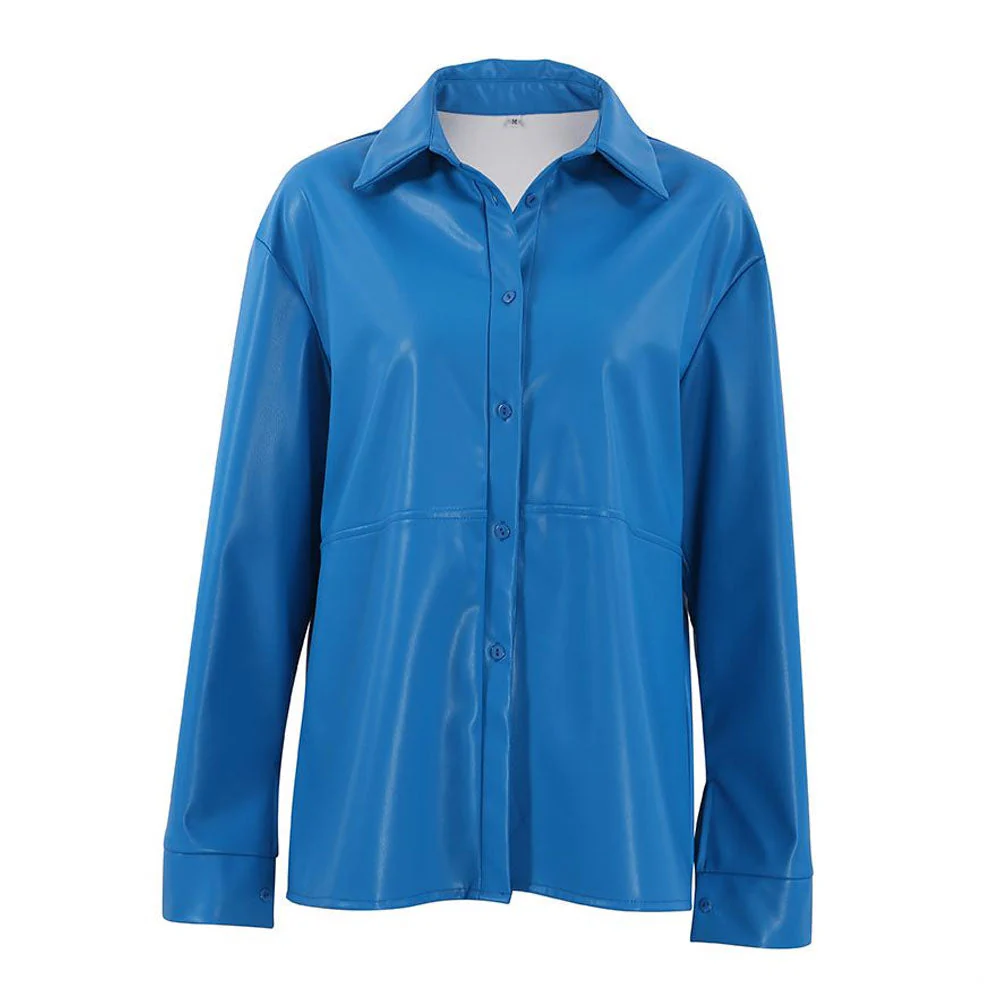 Minimalist Faux Leather Button Up Long Sleeve Pointed Collar Shirt - Royal Blue - Image 4