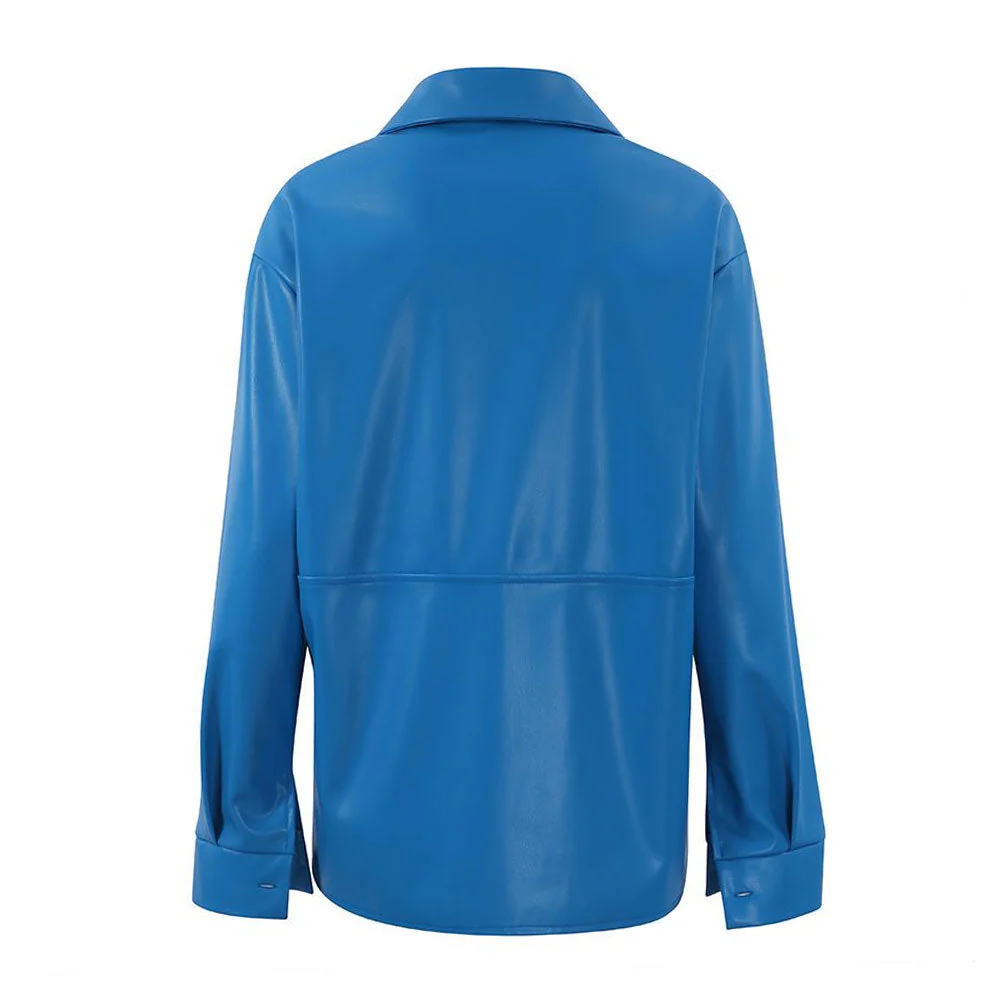 Minimalist Faux Leather Button Up Long Sleeve Pointed Collar Shirt - Royal Blue - Image 5