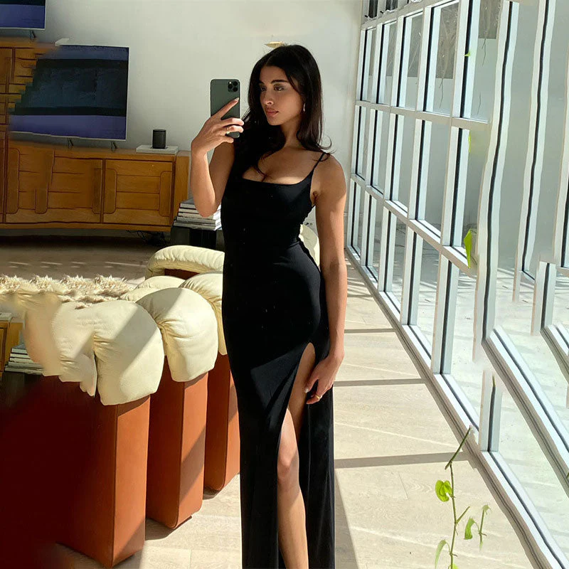 Minimalist Open Back Lace Trim High Split Slip Maxi Dress - Black - Image 3