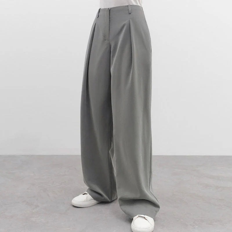 Minimalist Solid Color High Waist Pleat Trim Side Pocket Wide Leg Pants - Gray - Image 2