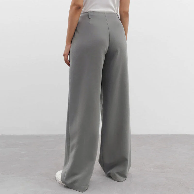 Minimalist Solid Color High Waist Pleat Trim Side Pocket Wide Leg Pants - Gray - Image 3