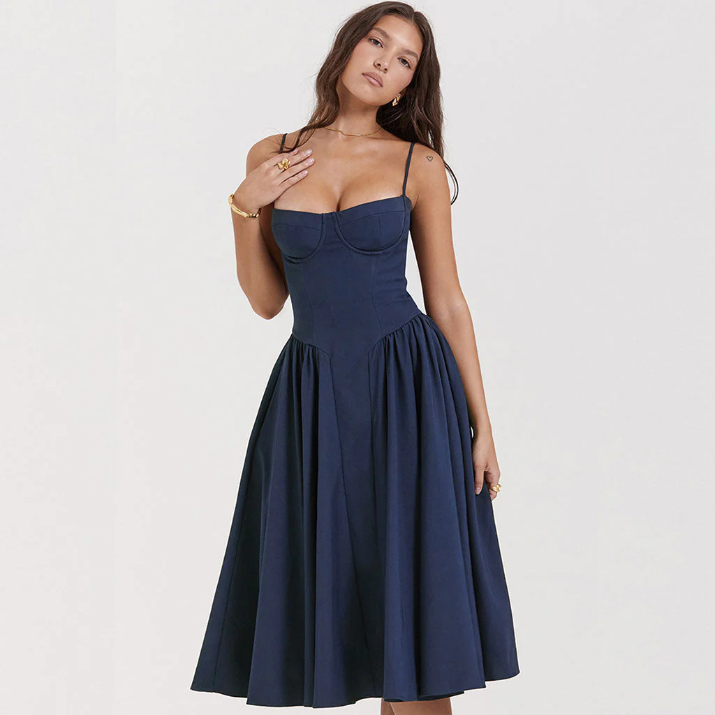 Minimalist Solid Sweetheart Neck Drop Waist Fit and Flare Midi Cami SunDress - Image 6
