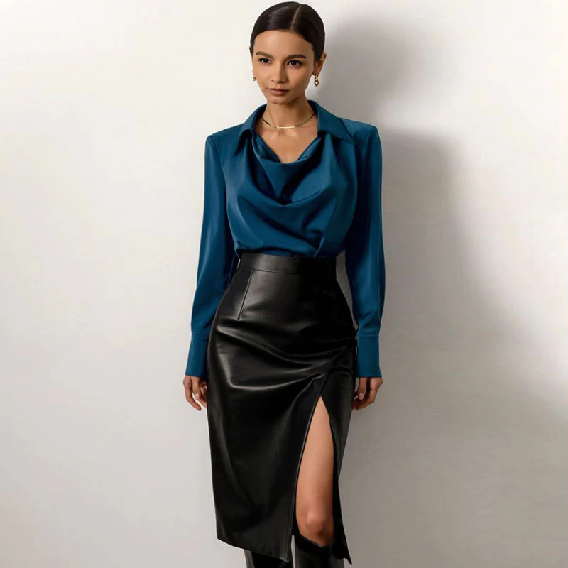Minimalist Style High Waist Split Trim Vegan Leather Midi Skirt - Black - Image 2