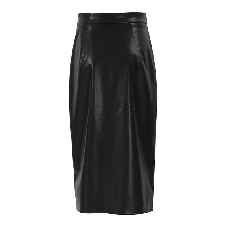 Minimalist Style High Waist Split Trim Vegan Leather Midi Skirt - Black - Image 4