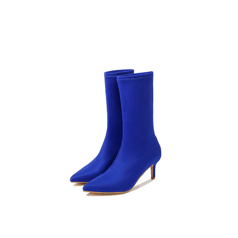 Minimalist Style Pointed Toe High Heel Sock Ankle Boots - Navy Blue - Image 2