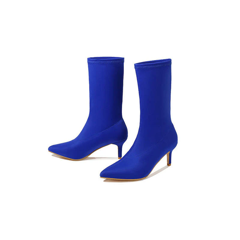 Minimalist Style Pointed Toe High Heel Sock Ankle Boots - Navy Blue - Image 3