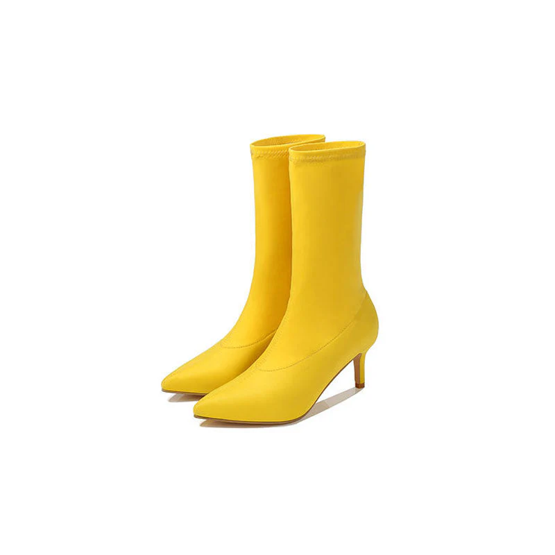 Minimalist Style Pointed Toe High Heel Sock Ankle Boots - Yellow - Image 2