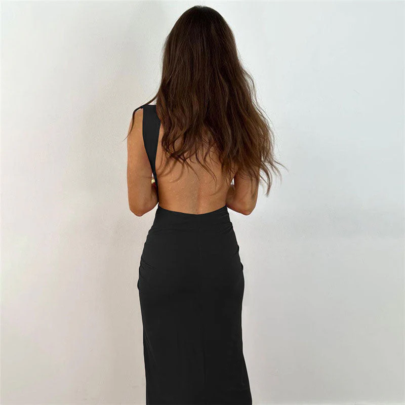 Minimalist Twist Trim Deep V Sleeveless Split Open Back Maxi Dress - Black - Image 3