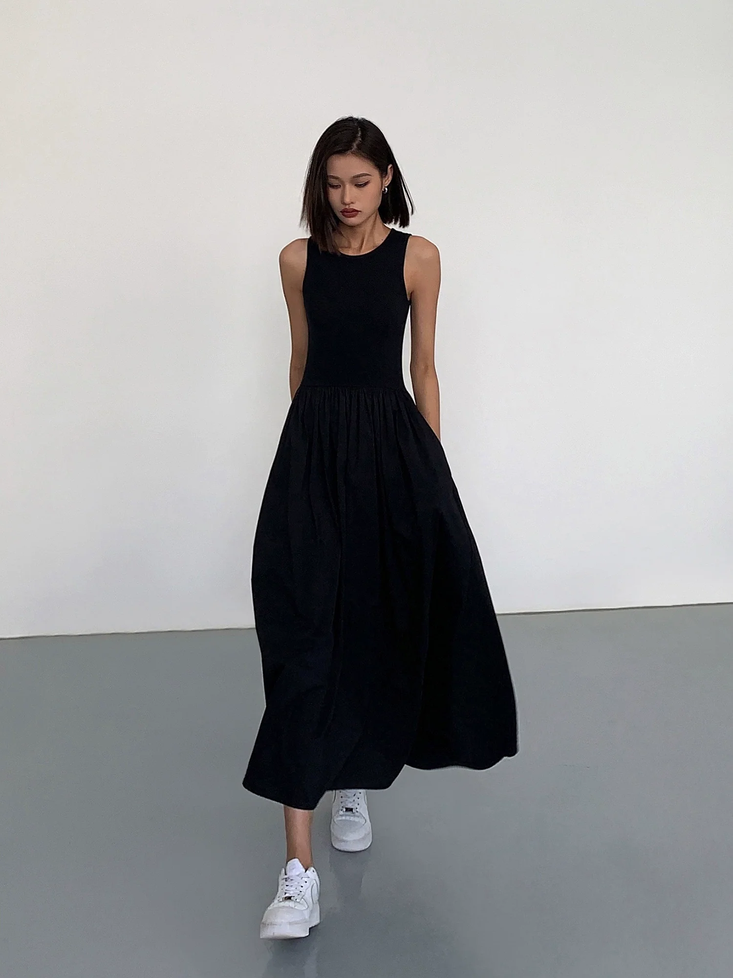 Mixed Media Long Dress(Pockets Design)