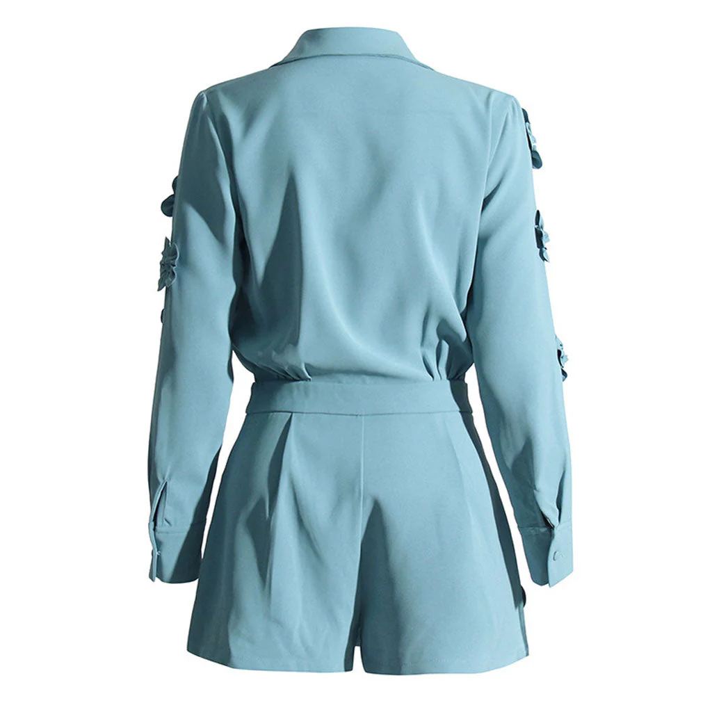 Modern 3D FLower Applique Collared Deep V Neck Long Sleeve Blazer Romper - Image 3