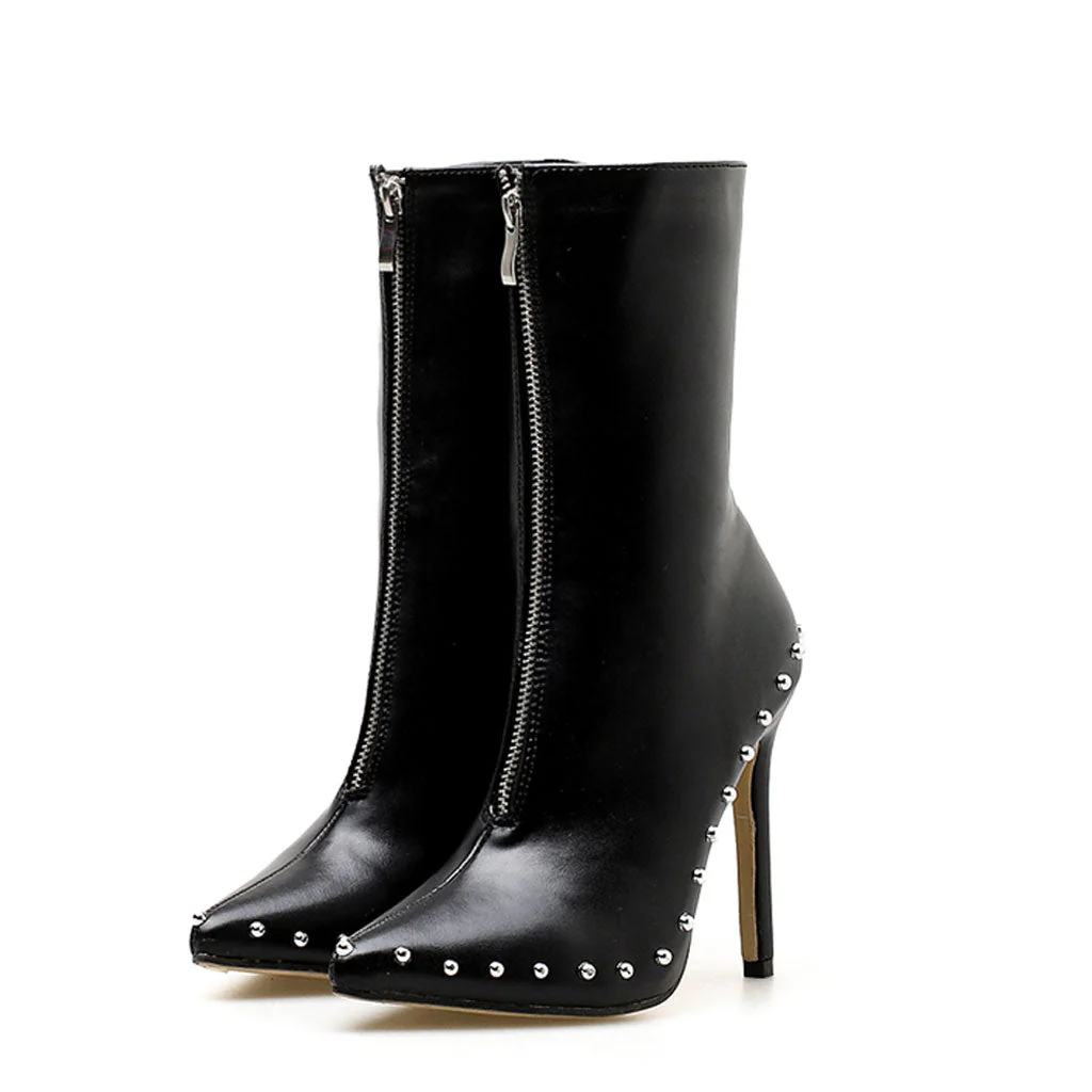Modern Bead Trimmed Pointed Toe Zip Front Ankle Boots - Black - Image 4