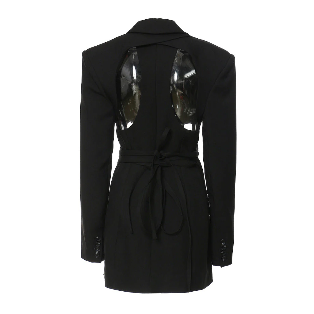 Modern Cut Out Self Tie Wraparound Peak Lapel Long Sleeve Mini Blazer Dress - Image 2