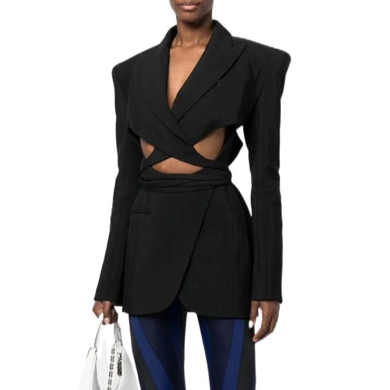 Modern Cut Out Self Tie Wraparound Peak Lapel Long Sleeve Mini Blazer Dress - Image 4